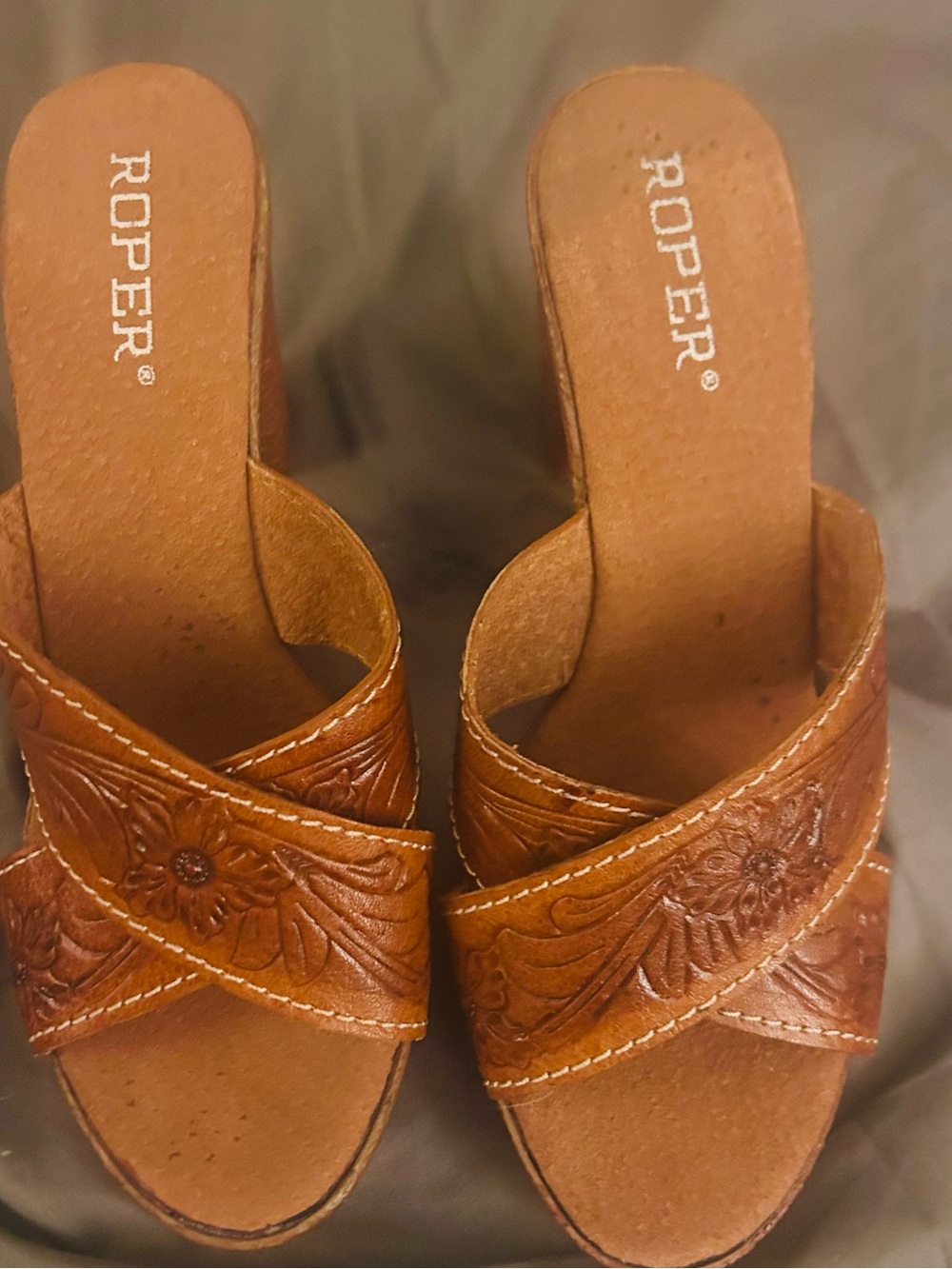 Roper Floral Tooled Western Wedge Sandals Brown Size 8